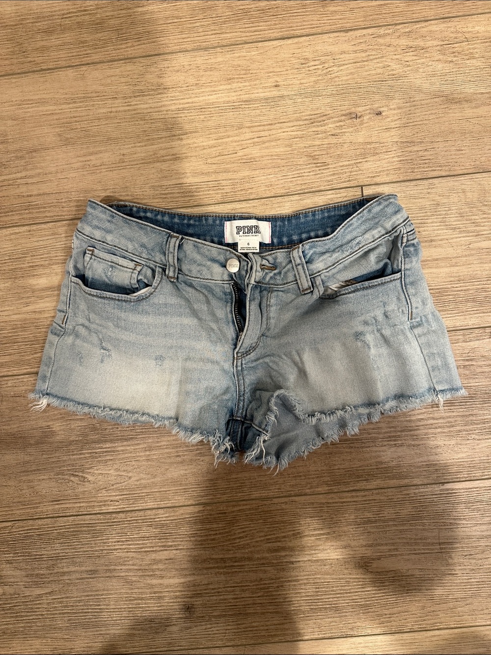 PINK Light Wash Distressed Denim Cutoff Shorts